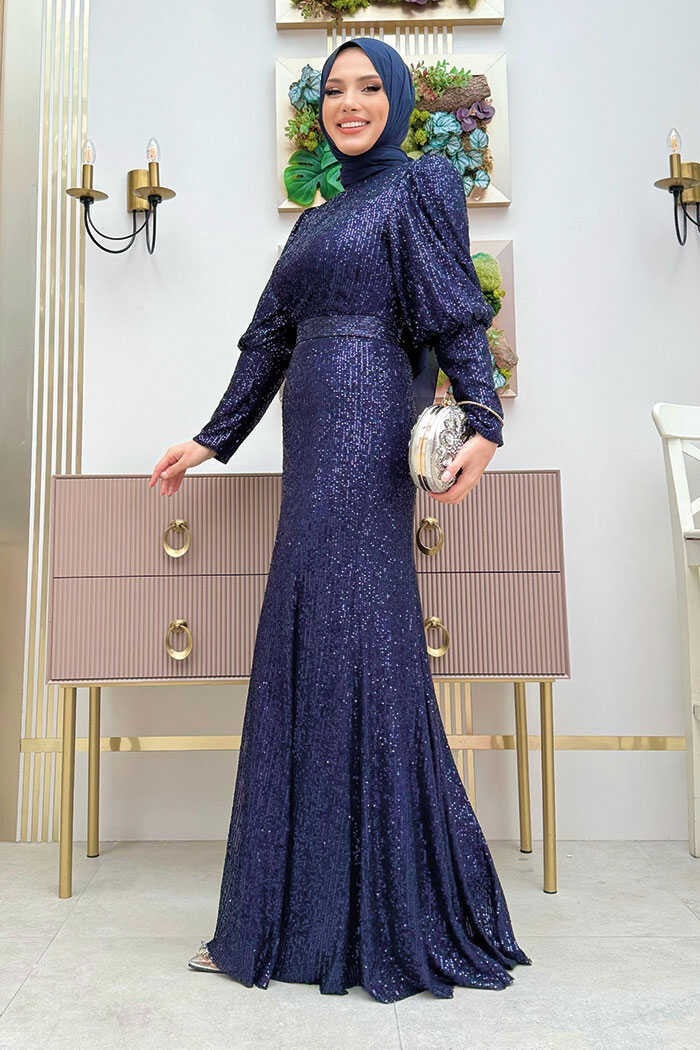 Bym Fashion Belt Accessory Sequin Fish Evening Dress 3858 Navy Blue  - Image 2