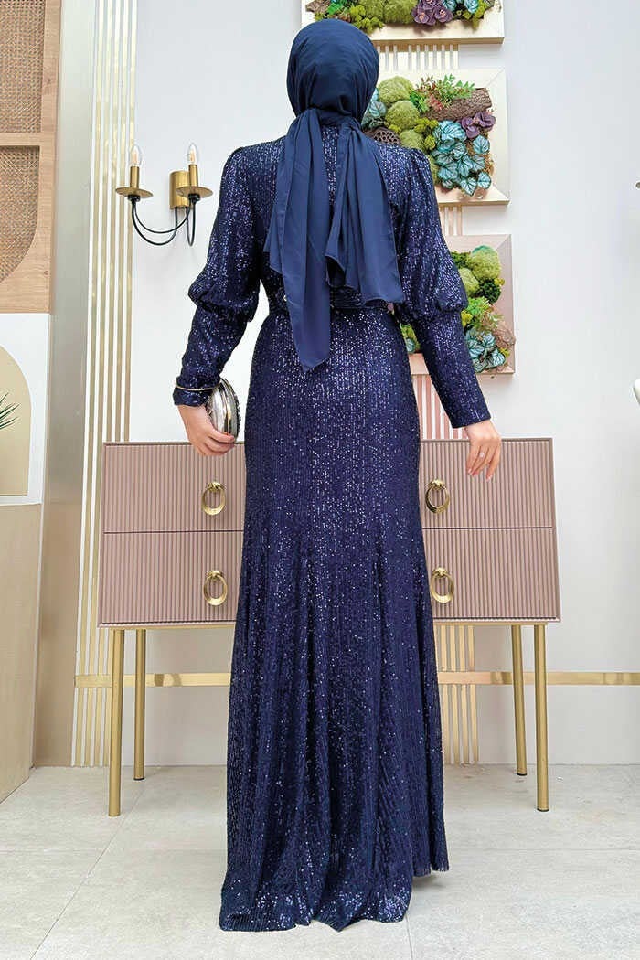 Bym Fashion Belt Accessory Sequin Fish Evening Dress 3858 Navy Blue  - Image 3