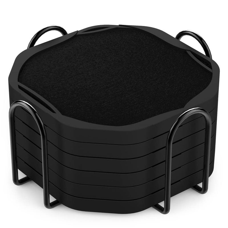 UMIRRO Absorbent Coasters for Drinks with Holder  Black Silicone Coasters with Soft Felt Inserts for Wooden Coffee Table  Cool Modern Cup Mats for Tabletop Protection  Set of 6