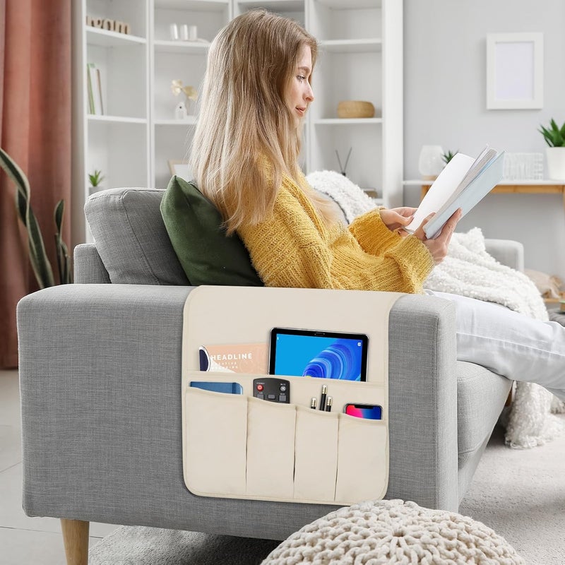 WETRBWEH Remote Control Holder for Armchair Caddy，Couch Caddy Organizer TV Remote Holder for Bed Storage 5 Pockets，Remote Caddy Bedside Organizer Bedside Table Organizer (Beige, 35"x12.4") - Image 3