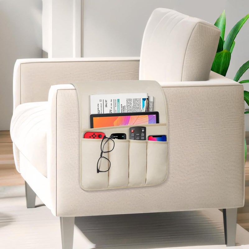 WETRBWEH Remote Control Holder for Armchair Caddy，Couch Caddy Organizer TV Remote Holder for Bed Storage 5 Pockets，Remote Caddy Bedside Organizer Bedside Table Organizer (Beige, 35"x12.4") - Image 2