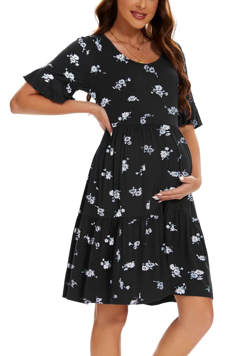 Smallshow Womens Maternity Dress Ruffle Short Sleeve Pregnancy Clothes Summer Medium Floral Black White