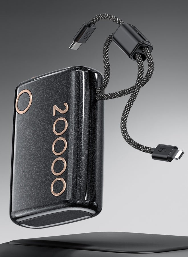 Kelesa 20000mAh 66W Dual Wire Fast Charging Power Bank, with Type C and Lightning output cables, in black. - Image 1