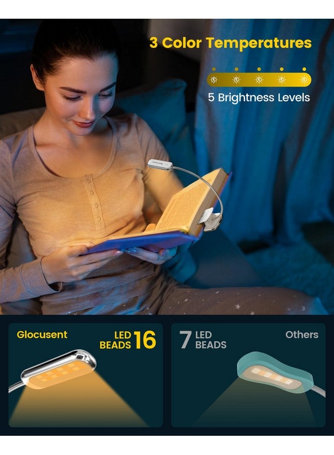 Glocusent Posh Premium Book Light for Reading in Bed with Timer, 16-LED Rechargeable Reading Light Runs 160hrs, 1800K Eyecaring Clip on Book Light, 3 Colors & 5 Brightness Levels, Perfect for Readers - Image 2
