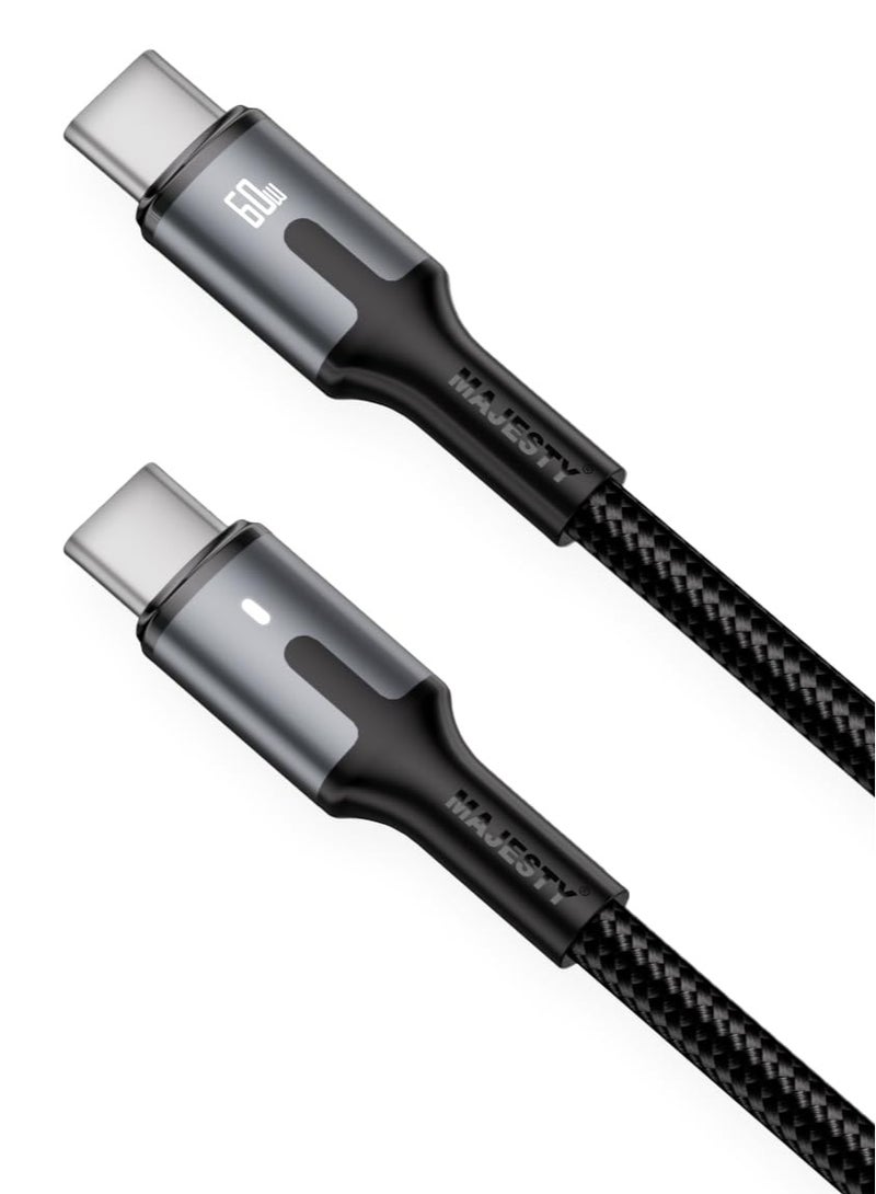 ماجيستي "كيبل USB-C إلى USB-C نايلون مضفر 60 واط (20V/3A) - شحن سريع لأيفون 15، ماك بوك برو/اير، جالكسي S24 الترا، هواوي - 1.8 متر" أسود - Image 1