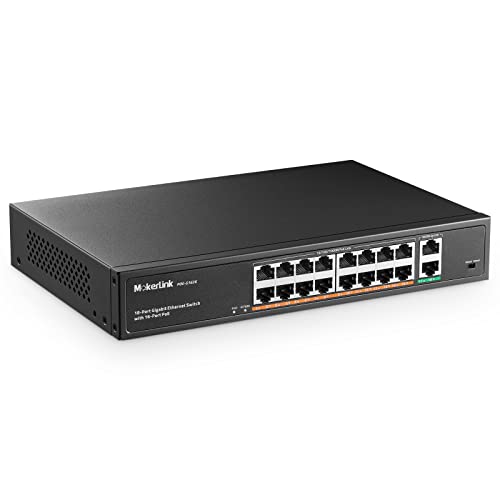 MokerLink 18 Port Gigabit PoE Switch 16 Gigabit PoE Ports 2 Gigabit Uplink 250W IEEE8023afat Metal Rackmount Unmanaged Plug and Play Ethernet Switch