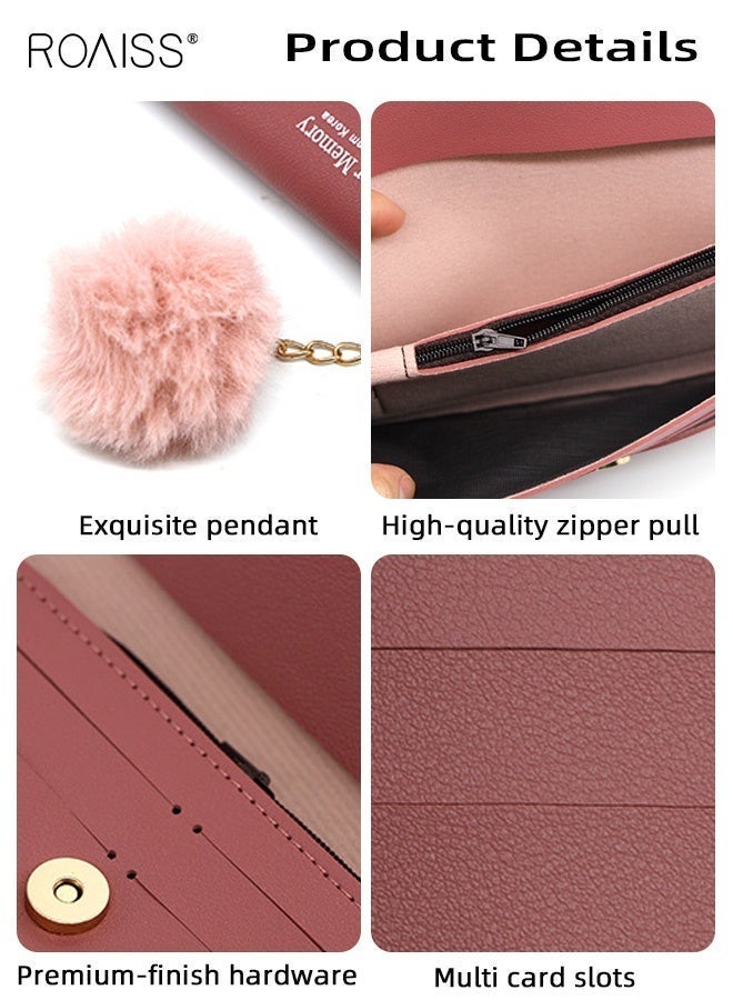 roaiss Women Wallet with Magnetic Buckle and Zipper, Bifold Wallet with Exquisite Stitching and Plush Pendant, Stylish Purse with 4 Card Slots, Ideal Gift for Women - Image 4