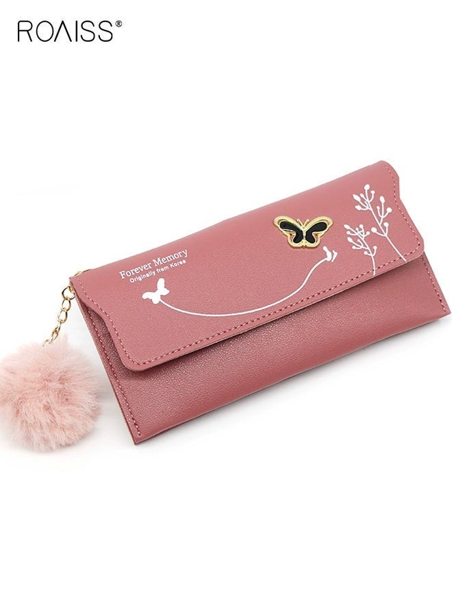 roaiss Women Wallet with Magnetic Buckle and Zipper, Bifold Wallet with Exquisite Stitching and Plush Pendant, Stylish Purse with 4 Card Slots, Ideal Gift for Women - Image 1