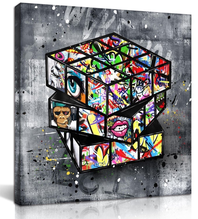 BANKSY CANVAS WALLART FOR BEDROOM STREET GRAFFITI WALL ART ABSTRACT PAINTING POP ART WALL DECOR MODERN HOME OFFICE DECOR 14 W X14 H STRETCHED AND FRAMED READY TO HANG