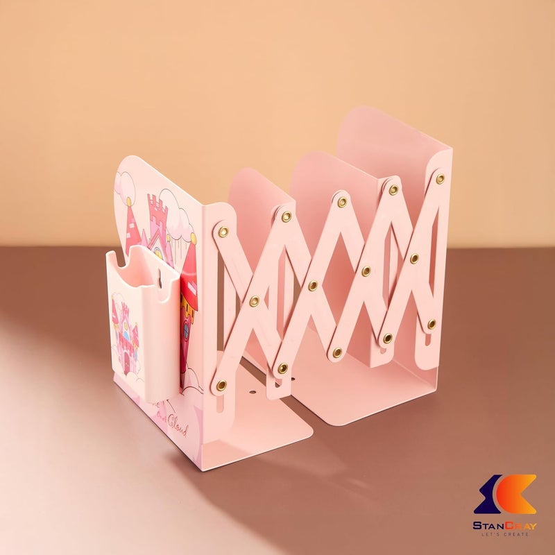 STANCRAY Metal Semi Open Expandable Book Shelf Desktop Bookend Stand Holder Adjustable Book Rack for Kid Office Book Organizer Box Book Stand, Book Organiser, File Holders Organizer (Pink) - Image 2