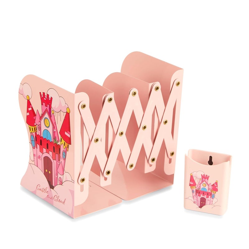 STANCRAY Metal Semi Open Expandable Book Shelf Desktop Bookend Stand Holder Adjustable Book Rack for Kid Office Book Organizer Box Book Stand, Book Organiser, File Holders Organizer (Pink) - Image 1