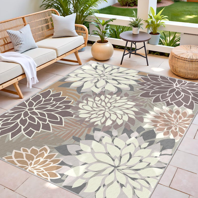 Arenarug Colorful 5x8 Outdoor Area Rug Washable Multicolored Patio Rug Tropical Botanical Floral Chenille Waterproof Outdoor Carpet for Living Room, Deck, Backyard, Porch, Taupe - Image 3