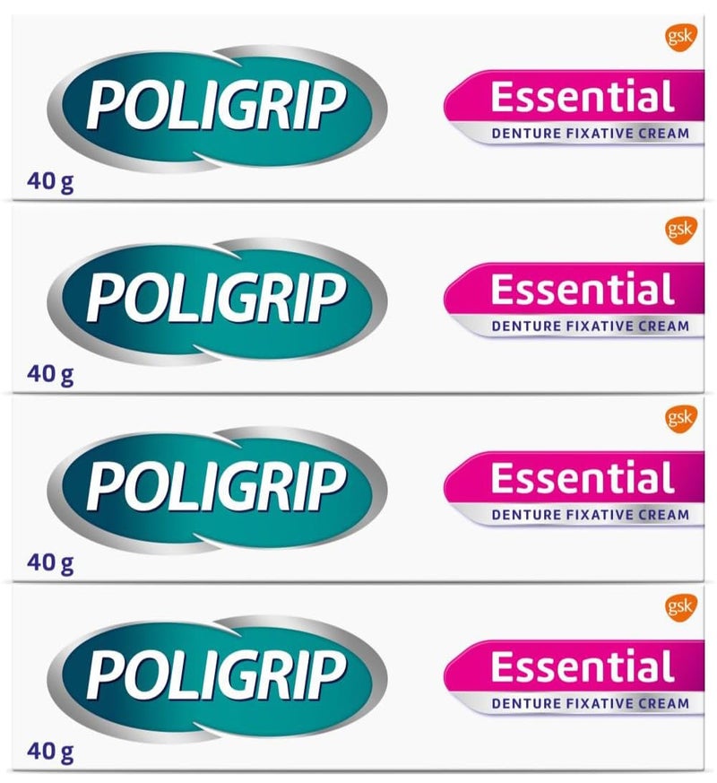 Poligrip Essential Denture Fixative Cream 4 x 40g Secure Hold Flavour Free