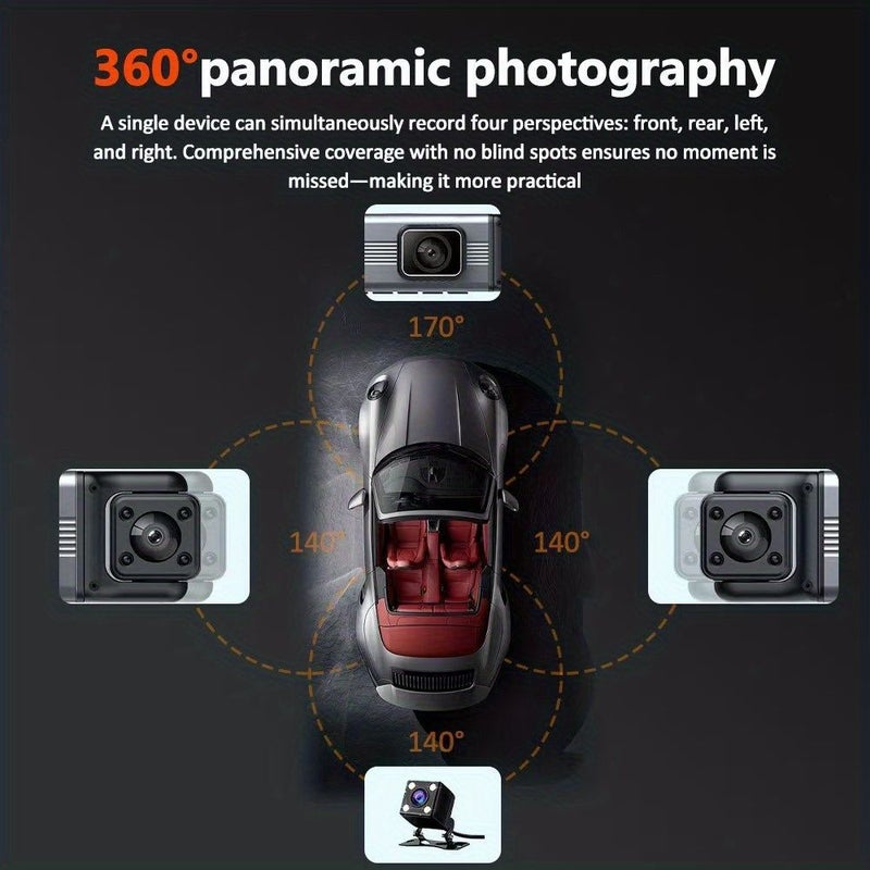 New 4 Lens 1 Screen Simultaneous Display Dash Cam With 32G Memory Card Front Rear Left Right Recording 1080 FHD Rotatable Camera Night Vision 170 Degree Wide Angle - Image 2