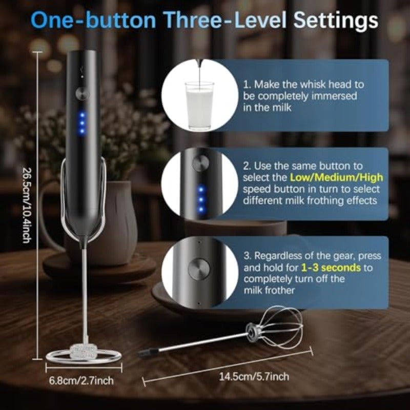 Handheld Milk Frother Wand for Coffee Rechargeable Electric Whisk with 2 Heads and 3 Speeds Drink Mixer and Frother for Latte Cappuccino Hot Chocolate Egg - Image 2