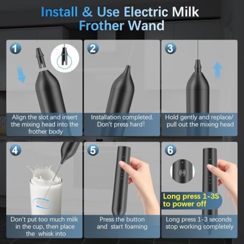 Handheld Milk Frother Wand for Coffee Rechargeable Electric Whisk with 2 Heads and 3 Speeds Drink Mixer and Frother for Latte Cappuccino Hot Chocolate Egg - Image 4