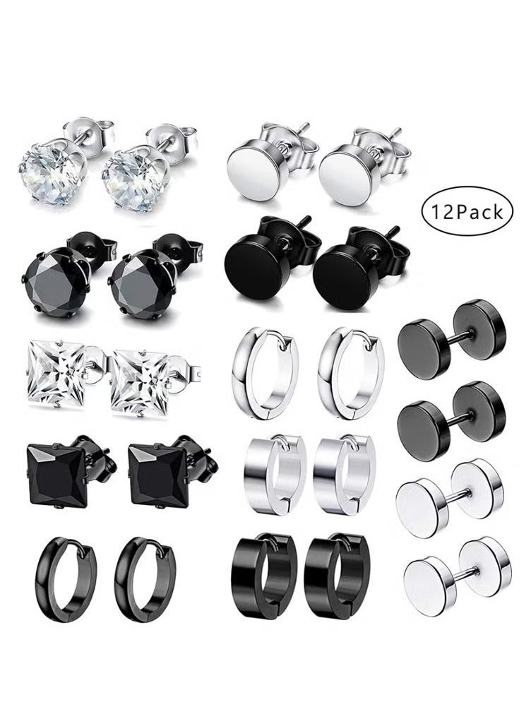 12 Pairs Stainless Steel Earrings Men Cubic Zirconia Fashion Black Earrings Set For Women Girls Stud Earrings - Image 1
