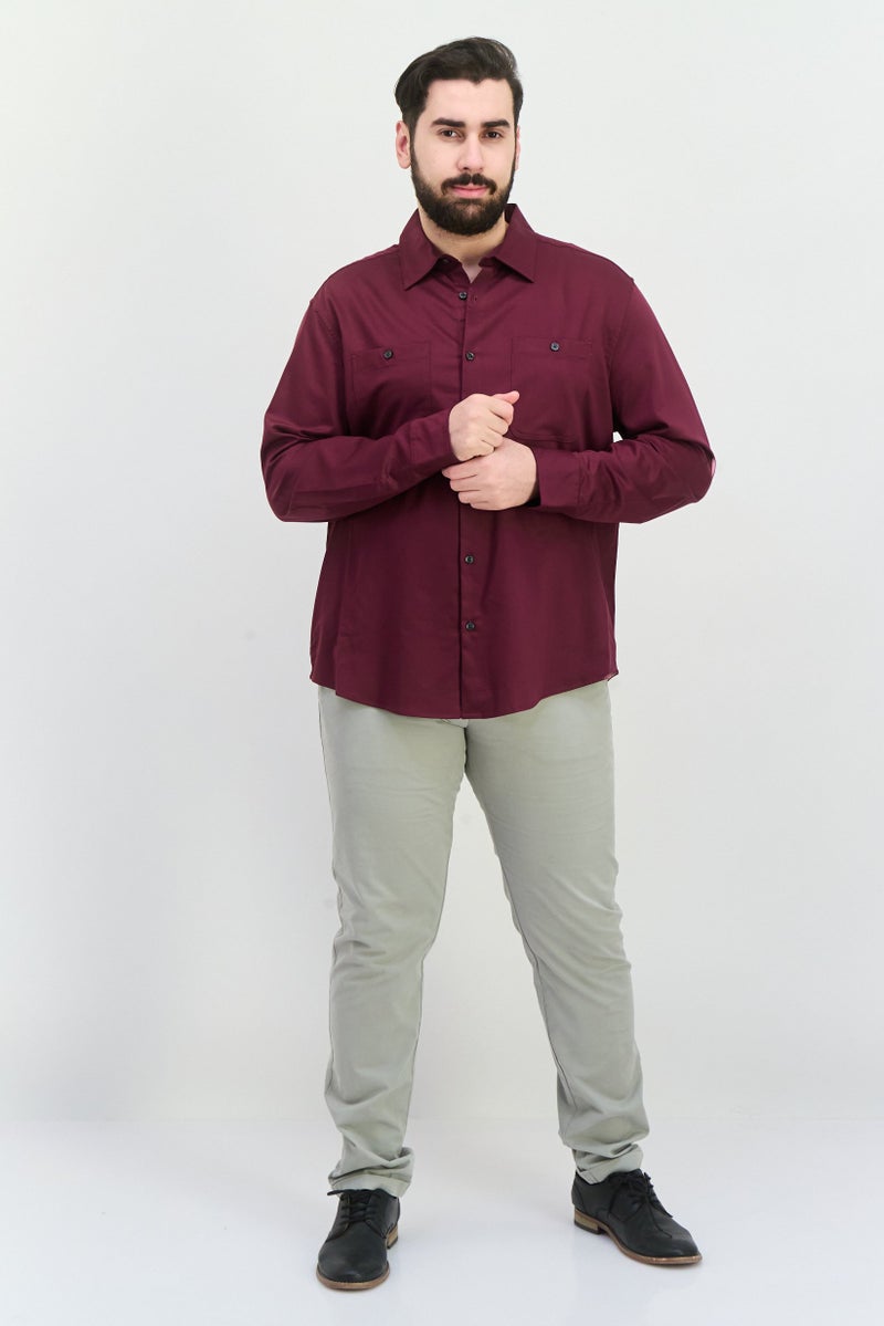 PERRY ELLIS قميص رجالي عادي بأكمام طويلة بلون موحد، مارون - Image 4