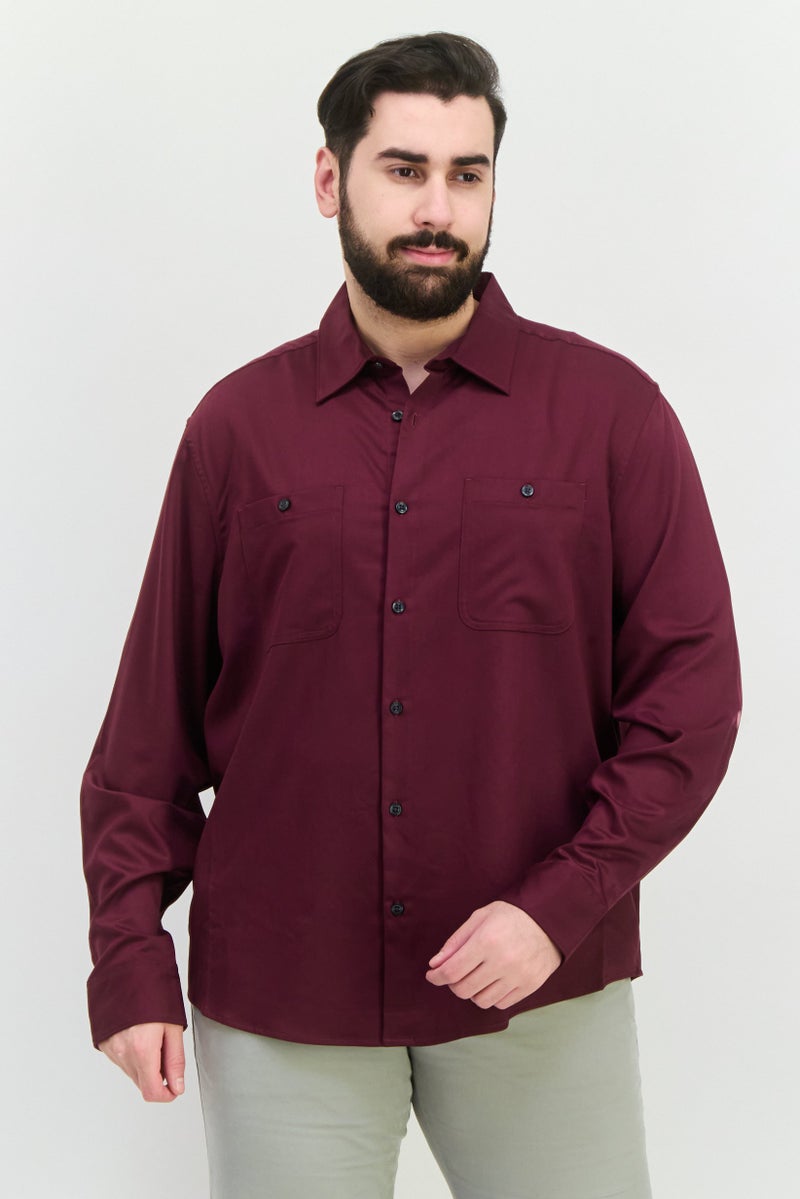 PERRY ELLIS قميص رجالي عادي بأكمام طويلة بلون موحد، مارون - Image 1