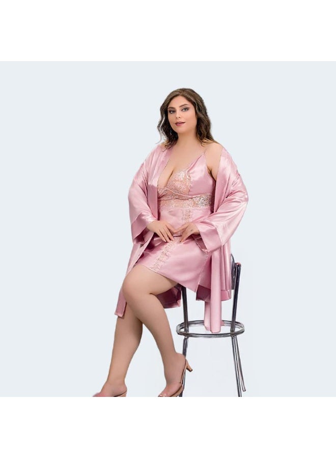LADY قميص نوم نسائي وردي ساتان مع روب دانتيل – لانجري نسائي وملابس نوم نسائية برقبة V - Image 4