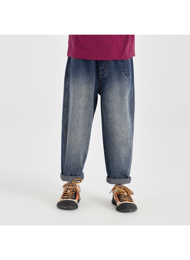 Pants, Children's Autumn Simple Retro Jeans, Comfortable Soft Straight-leg Casual Loose-fit Long Pants For Big Kids - Image 3