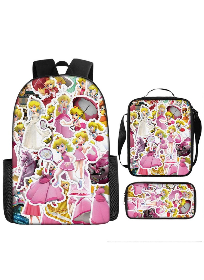 General 3 Pcs Princess Peach School Bag Satchel Pencil Case Animated Game Super Mario Gifts For Kids Birthday Gift Start Of School Gift  - Image 1