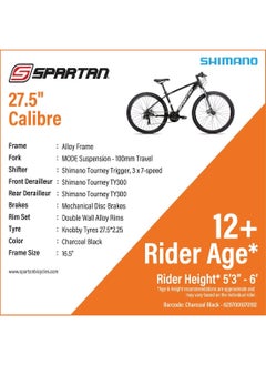 Spartan Calibre Hardtail Mountain Bicycle| 27 inch wheel size| 21 speed Shimano gear | For adults| Charcoal black  - Image 4