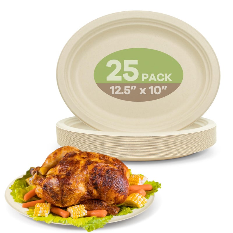 FEHHTO Compostable Oval Paper Plates  12.5Inch 25Pack Disposable Heavy Duty Bagasse Platters Eco-Friendly Biodegradable Sugarcane Plates for BBQ  Party  Picnic - Natural Brown - Image 1