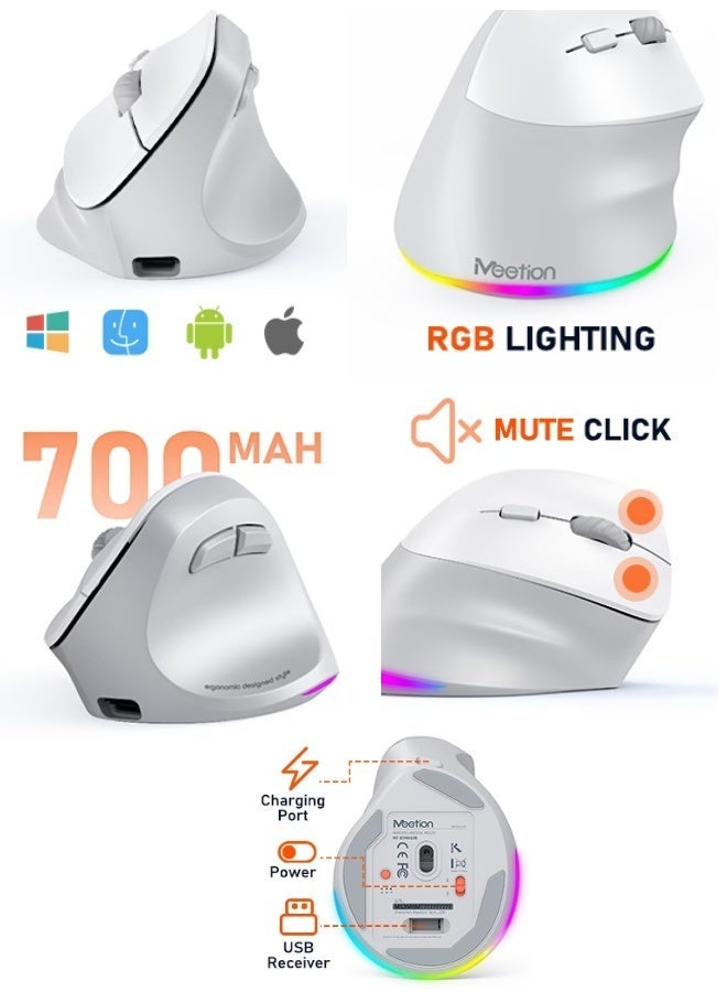ميشين فأرة MEETION BTM010R اليمنى المريحة، فأرة رأسية لاسلكية مع إضاءة خلفية RGB وقابلة لإعادة الشحن، تدعم البلوتوث (5.2 + 3.0) و USB-A مع محول USB-C، ودقة DPI قابلة للتعديل 4 مستويات لأجهزة Mac/Windows/Android/PC/Tablet/iPad - Image 2