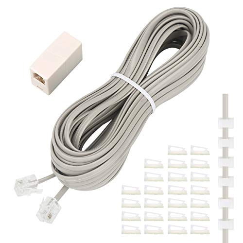 Uvital Phone Extension Cord 33 Ft, Telephone Cable with Standard RJ11 Plug and 1 in-Line Couplers and 20 Cable Clip Holders, Grey - Image 1