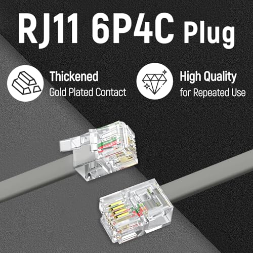 Uvital Phone Extension Cord 33 Ft, Telephone Cable with Standard RJ11 Plug and 1 in-Line Couplers and 20 Cable Clip Holders, Grey - Image 2