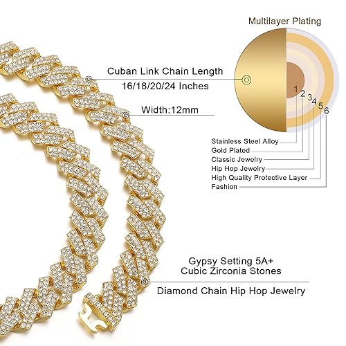 Saintda Cuban Link Chain Iced Out Miami Mens Necklace Gold Diamond Spring Buckle Cuban Chain 12mm Hip Hop Jewelry with Gift Box for Men Women (Gold-12mm,24inch) - Image 3