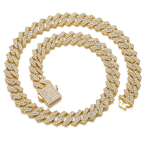 Saintda Cuban Link Chain Iced Out Miami Mens Necklace Gold Diamond Spring Buckle Cuban Chain 12mm Hip Hop Jewelry with Gift Box for Men Women (Gold-12mm,24inch) - Image 1