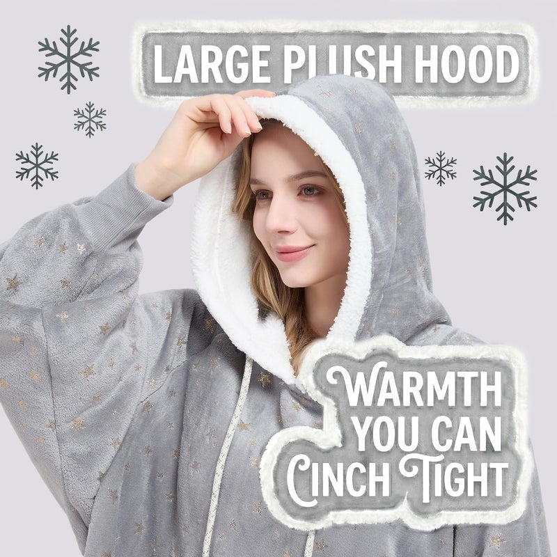 Qeils Wearable Blanket Hoodie for Women, Comfy Sherpa Sweatshirt Blanket as Birthday Christmas Gifts, Oversized Pullover Jacket Blanket Hoodie for Adult (Silver Foil Star, Adult) - Image 3