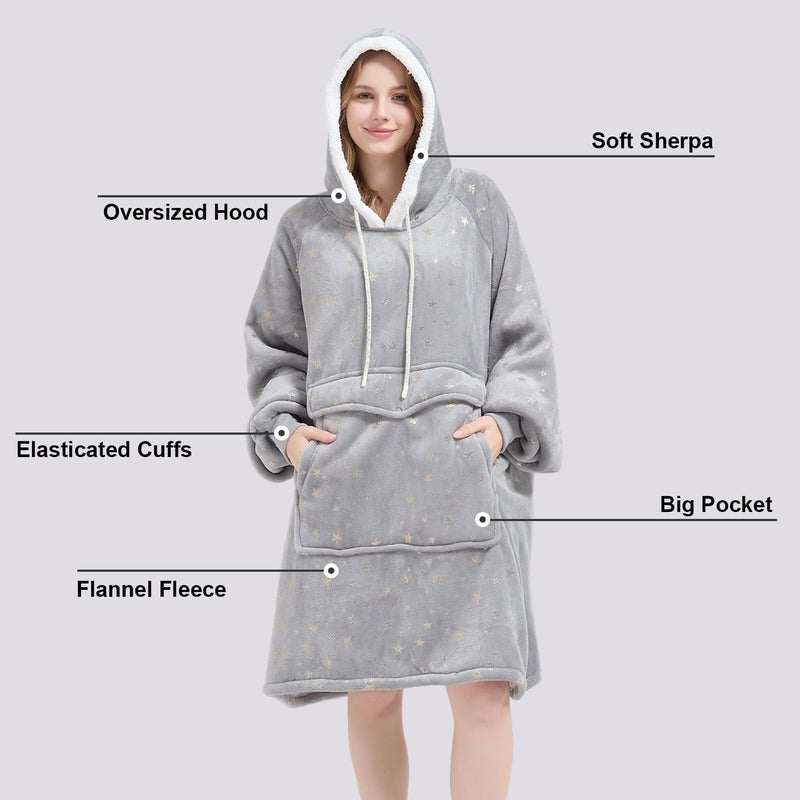 Qeils Wearable Blanket Hoodie for Women, Comfy Sherpa Sweatshirt Blanket as Birthday Christmas Gifts, Oversized Pullover Jacket Blanket Hoodie for Adult (Silver Foil Star, Adult) - Image 4