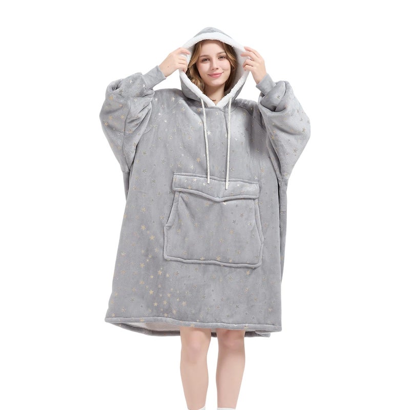 Qeils Wearable Blanket Hoodie for Women, Comfy Sherpa Sweatshirt Blanket as Birthday Christmas Gifts, Oversized Pullover Jacket Blanket Hoodie for Adult (Silver Foil Star, Adult) - Image 1