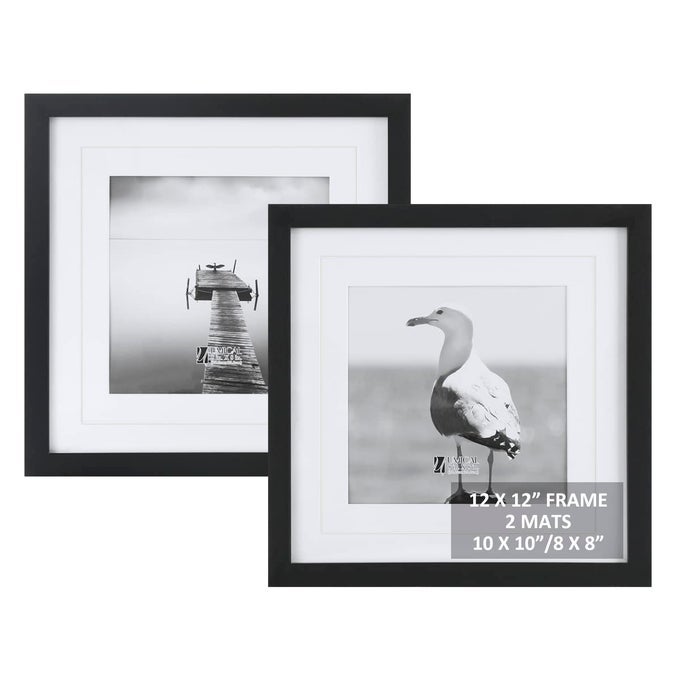 12X12 PICTURE FRAMES SET OF 2 DISPLAY 10X10 OR 8X8 PICTURES WITH MAT OR 12X12 PICTURES WITHOUT MAT SQUARE WOOD BLACK PHOTO FRAMES WITH HD PLEXIGLASS FOR TABLETOP STAND AND WALL MOUNTING
