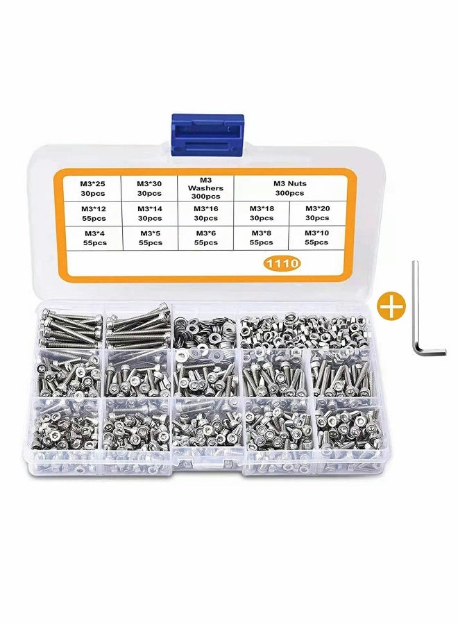 مجموعة متنوعة من 1110 قطعة من براغي وصمامات وصواميل من الفولاذ المقاوم للصدأ M3 مع غسالات قفل ومسطحة، مجموعة دقيقة من البراغي والصواميل المترية مع مفاتيح سداسية واحدة مجانية تتضمن صندوق أدوات. - Image 1