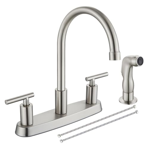 Cinwiny Kitchen Faucets, High Arc 360°Rotating Spout Kitchen Sink Faucet 2 Handle 8 Inch Centerset RV Kitchen Faucet with Supply Lines, 3 Hole Kitchen Faucet with Side Sprayer, Brushed Nickel - Image 1