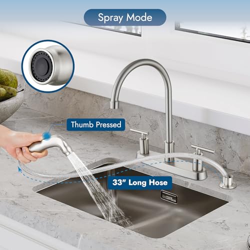 Cinwiny Kitchen Faucets, High Arc 360°Rotating Spout Kitchen Sink Faucet 2 Handle 8 Inch Centerset RV Kitchen Faucet with Supply Lines, 3 Hole Kitchen Faucet with Side Sprayer, Brushed Nickel - Image 3