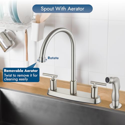 Cinwiny Kitchen Faucets, High Arc 360°Rotating Spout Kitchen Sink Faucet 2 Handle 8 Inch Centerset RV Kitchen Faucet with Supply Lines, 3 Hole Kitchen Faucet with Side Sprayer, Brushed Nickel - Image 5