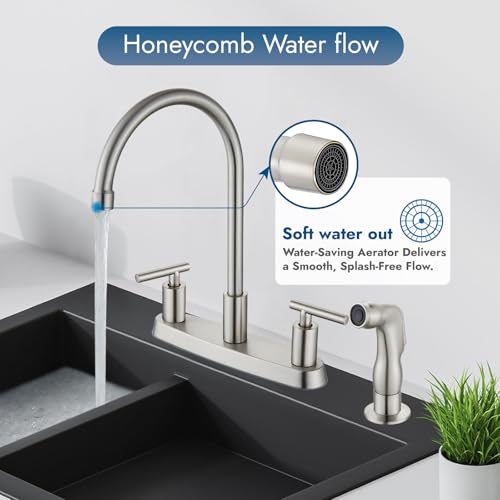 Cinwiny Kitchen Faucets, High Arc 360°Rotating Spout Kitchen Sink Faucet 2 Handle 8 Inch Centerset RV Kitchen Faucet with Supply Lines, 3 Hole Kitchen Faucet with Side Sprayer, Brushed Nickel - Image 2