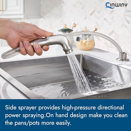 Cinwiny Kitchen Faucets, High Arc 360°Rotating Spout Kitchen Sink Faucet 2 Handle 8 Inch Centerset RV Kitchen Faucet with Supply Lines, 3 Hole Kitchen Faucet with Side Sprayer, Brushed Nickel - Image 4