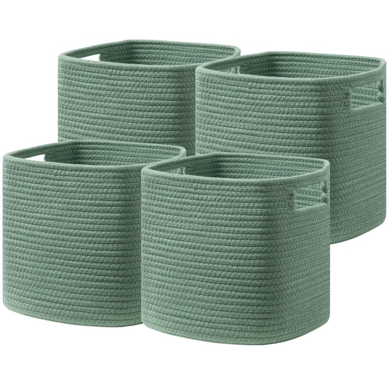 UBBCARE Set of 4 Storage Basket-13 X 13 X 13 In, Cotton Rope Basket for Shelves, Toys, Book, Cube Storage Bins with Handles, Woven Storage Basket for Organizing, Green - Image 1