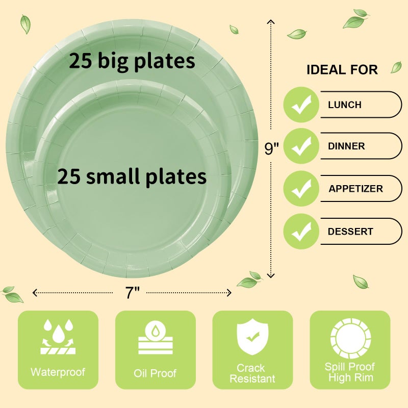 LANLISA 50 Sage Green Paper Plates Disposable, 25-9" & 25-7" Disposable Birthday Cake Dessert Plates For Easter, Baby Shower Party Supplies - Image 5