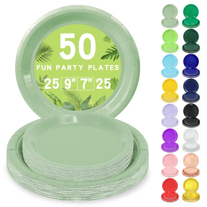 LANLISA 50 Sage Green Paper Plates Disposable, 25-9" & 25-7" Disposable Birthday Cake Dessert Plates For Easter, Baby Shower Party Supplies - Image 1