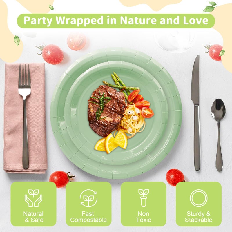 LANLISA 50 Sage Green Paper Plates Disposable, 25-9" & 25-7" Disposable Birthday Cake Dessert Plates For Easter, Baby Shower Party Supplies - Image 3