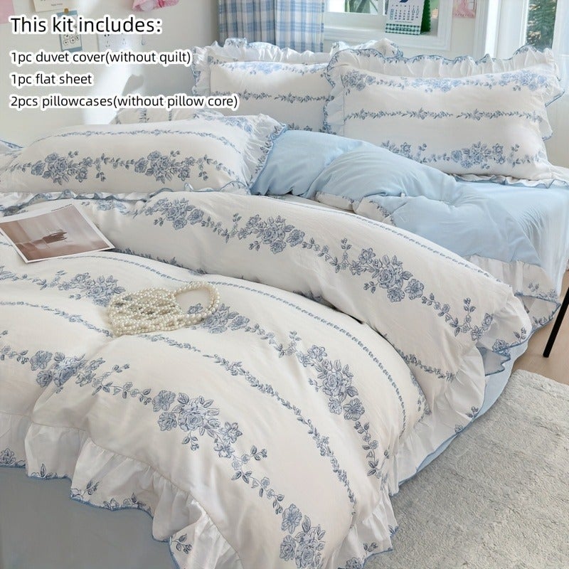 Korean Princess Style Ruffle Bedding 4pcs Set 1 Duvet Cover, 1 Bed Sheet And 2 Pillowcases (Excluding Any Fillings) - Image 3