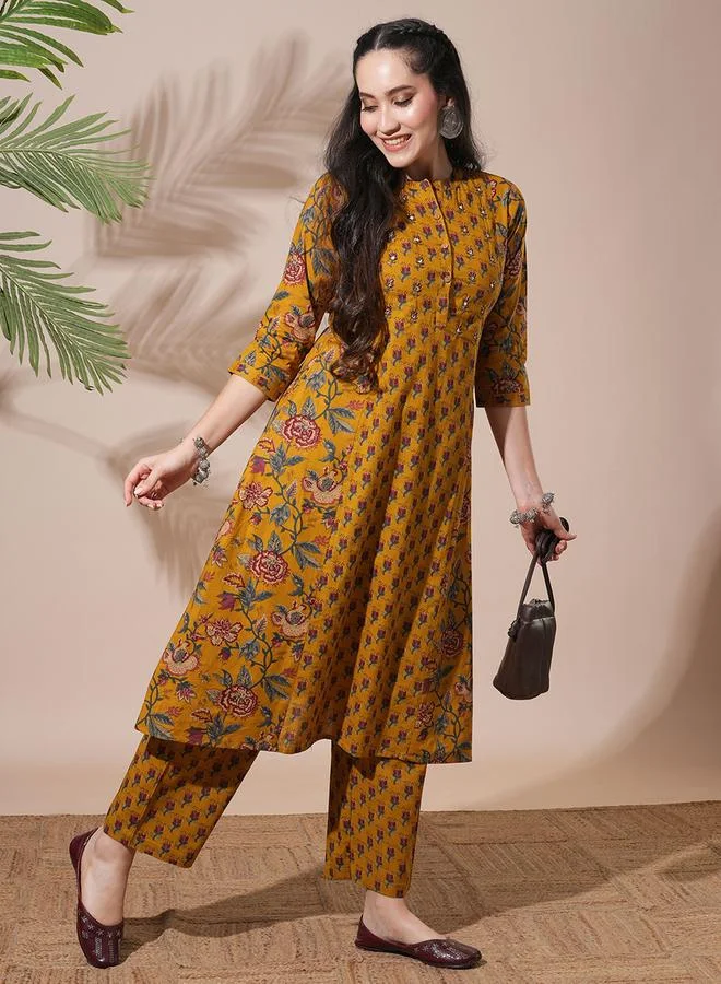 globus Women Yellow Floral Print Mandarin Neck A-Line Kurta with Pant Sets