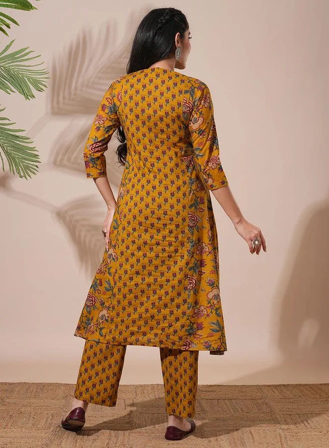 Globus  Women Yellow Floral Print Mandarin Neck A-Line Kurta with Pant Sets for Women | Best Price UAE